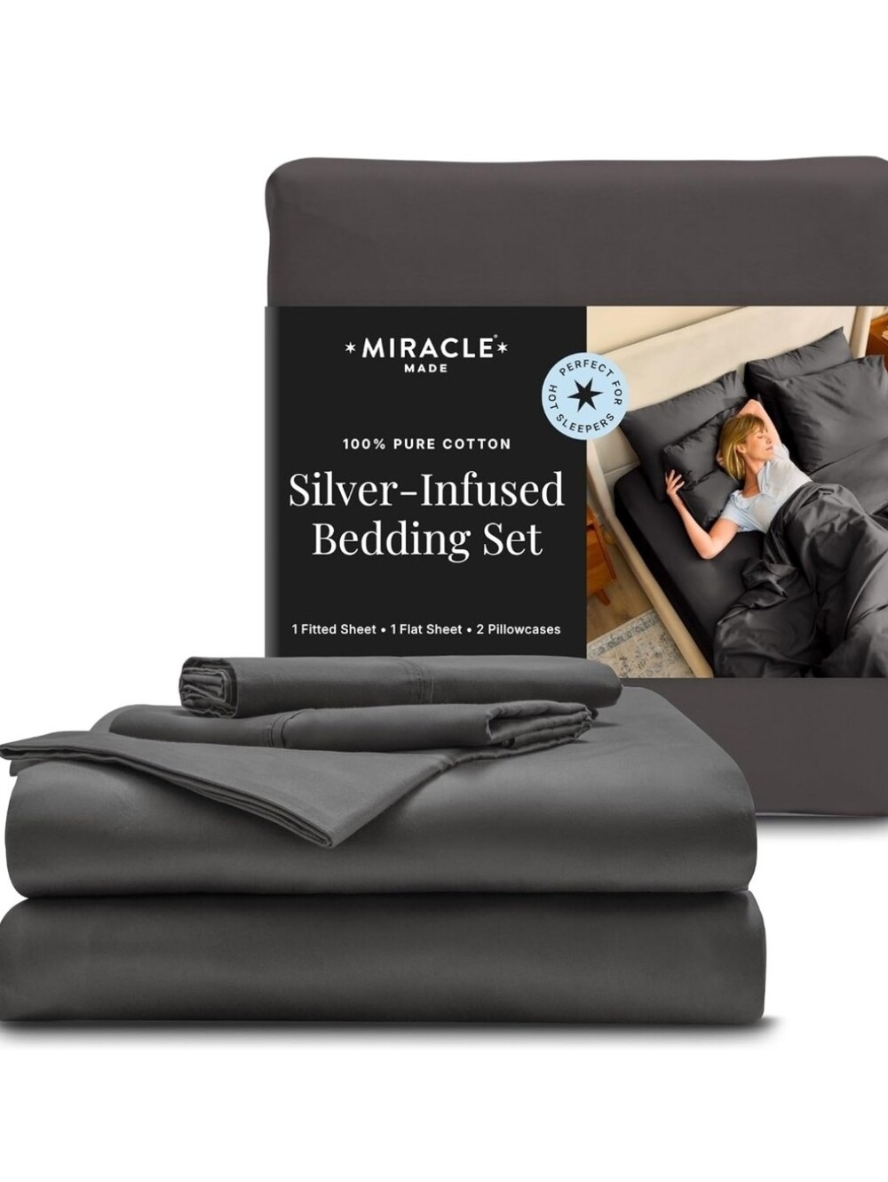 NiB Miracle Made Silver Infused Sheets Sheet Set Queen Charcoal Cooling Cotton